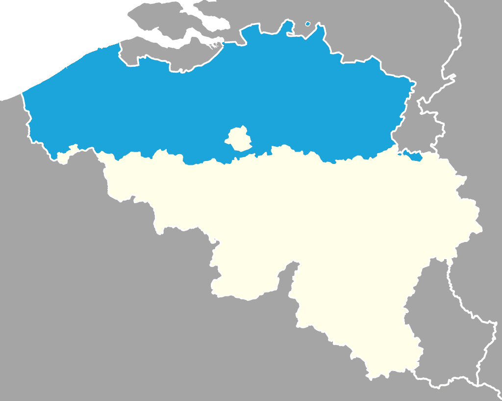Kaart van België met Vlaanderen ingekleurd in cyaan